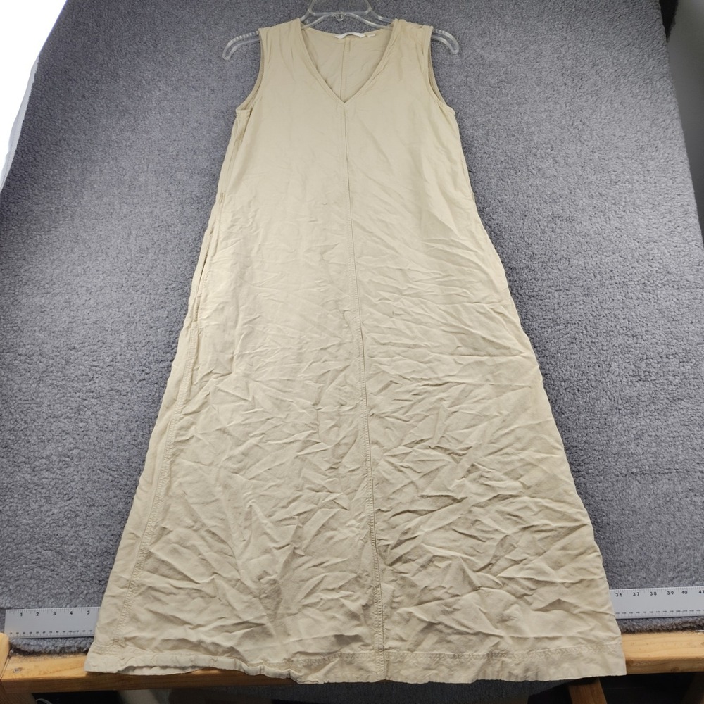 Uniqlo Womens XS Linen Blend V-Neck Sleeveless Midi Dress Pockets Minimalist